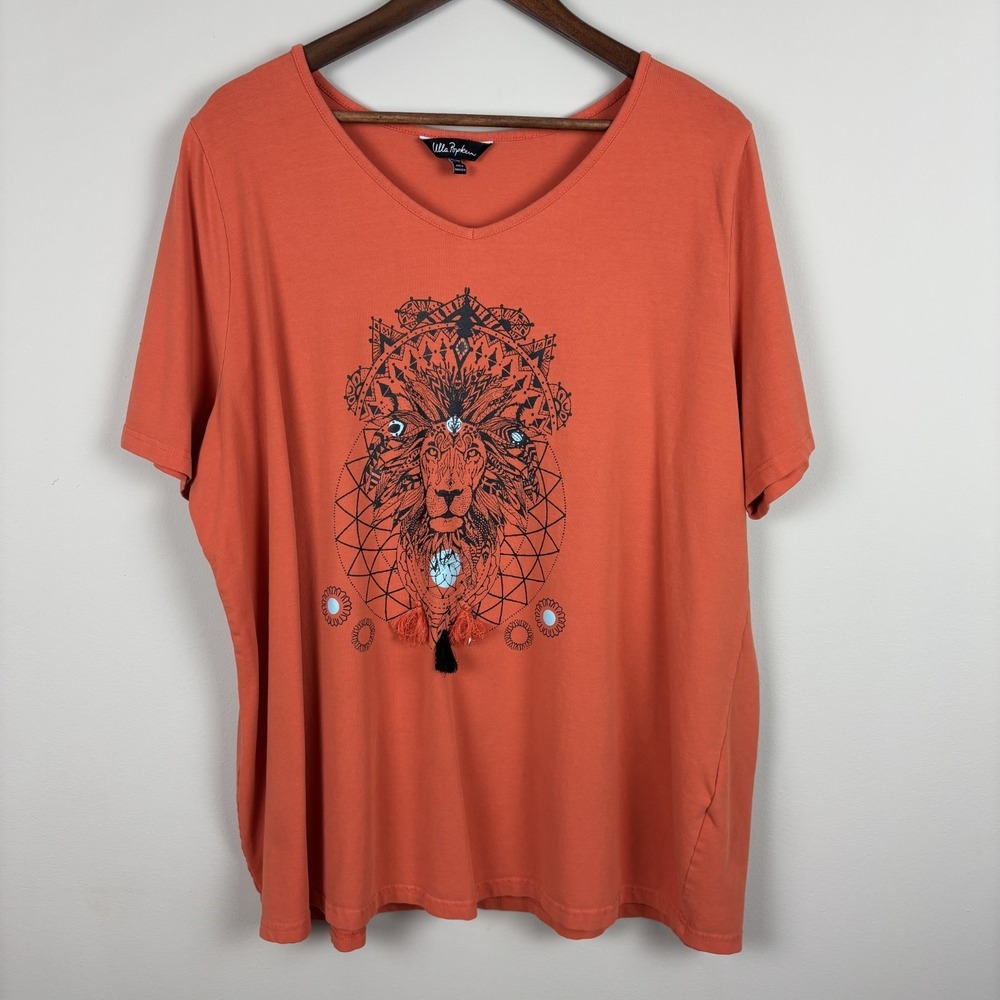 Ulla Popken Top T-Shirt Womens 20/22 V-Neck Orange Lion Head Short Sleeve Knit‎